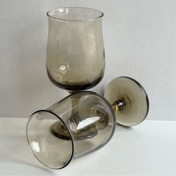 Vintage Libbey Connoisseur Smokey Tawny Gray Brown Tulip Stem Wine Glass Set - Picture 7 of 11